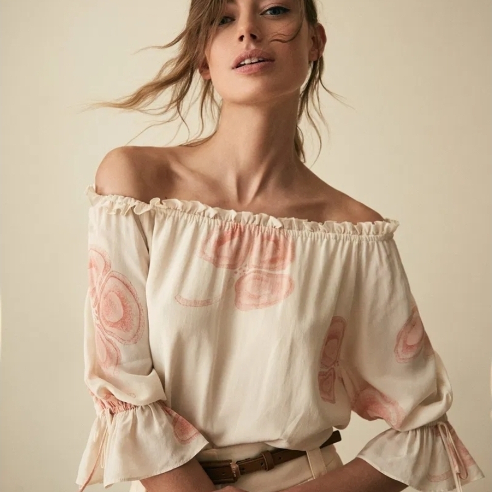 REISS Elise Floral Printed Bardot Top - Size 8